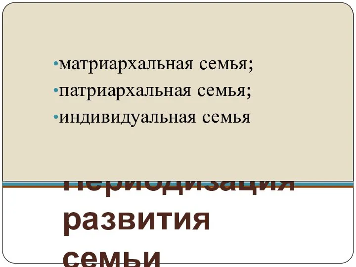 Периодизация развития семьи матриархальная семья; патриархальная семья; индивидуальная семья