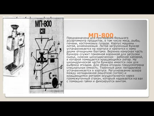 МП-800 Предназначена для протирания большого ассортимента продуктов, в том числе мяса, рыбы,