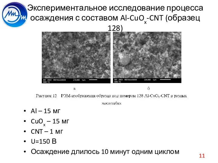 Экспериментальное исследование процесса осаждения с составом Al-CuOx-CNT (образец 128) Al – 15