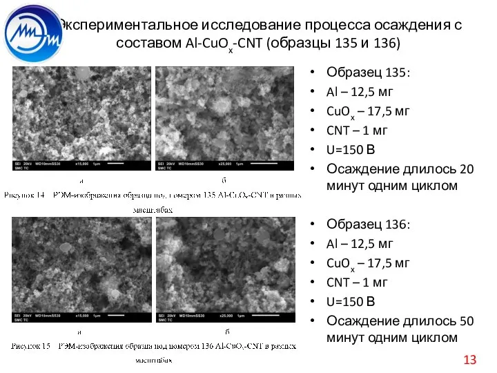 Экспериментальное исследование процесса осаждения с составом Al-CuOx-CNT (образцы 135 и 136) Образец