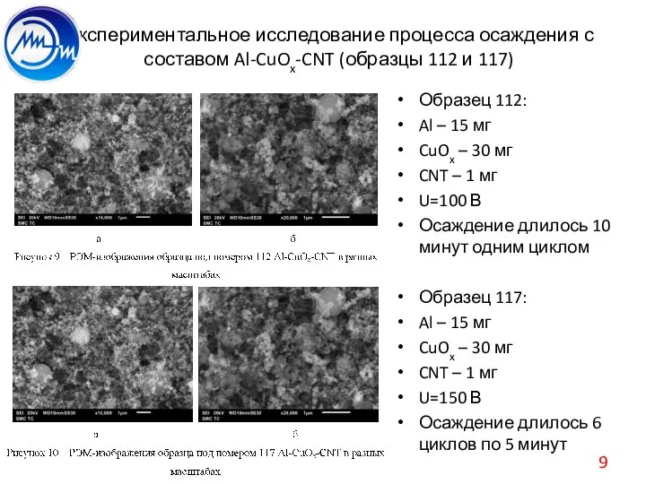 Экспериментальное исследование процесса осаждения с составом Al-CuOx-CNT (образцы 112 и 117) Образец