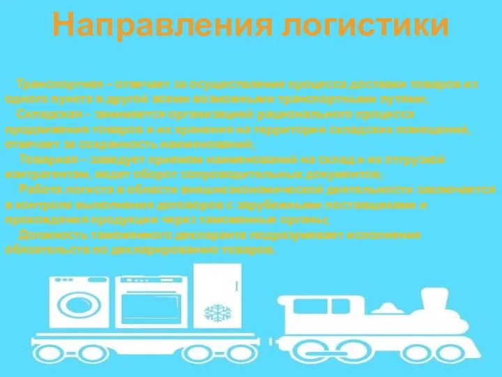 Направления логистики Транспортная – отвечает за осуществление процесса доставки товаров из одного