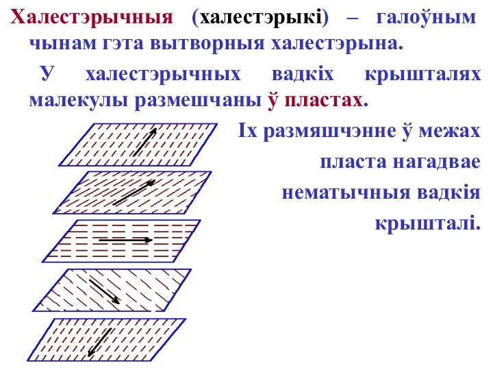 Халестэрычныя (халестэрыкі) – галоўным чынам гэта вытворныя халестэрына. У халестэрычных вадкіх крышталях