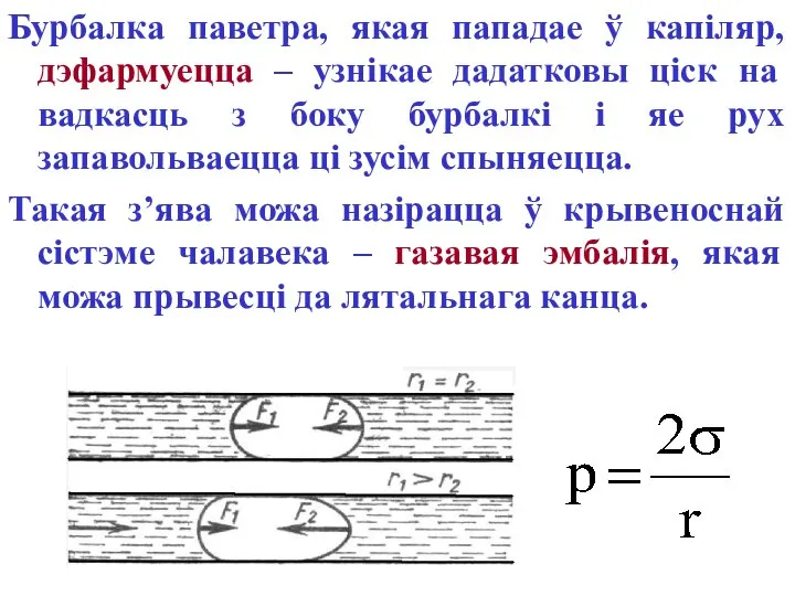 Бурбалка паветра, якая пападае ў капіляр, дэфармуецца – узнікае дадатковы ціск на