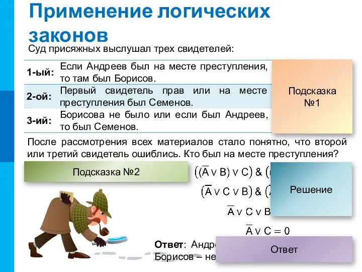 Применение логических законов После рассмотрения всех материалов стало понятно, что второй или