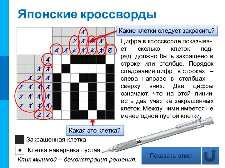 Японские кроссворды Цифра в кроссворде показыва-ет сколько клеток под-ряд должно быть закрашено