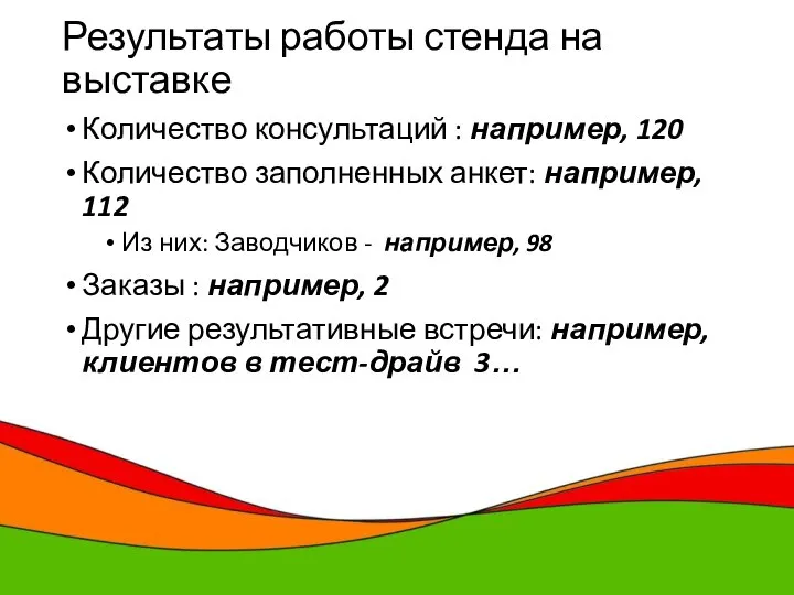 Результаты работы стенда на выставке Количество консультаций : например, 120 Количество заполненных