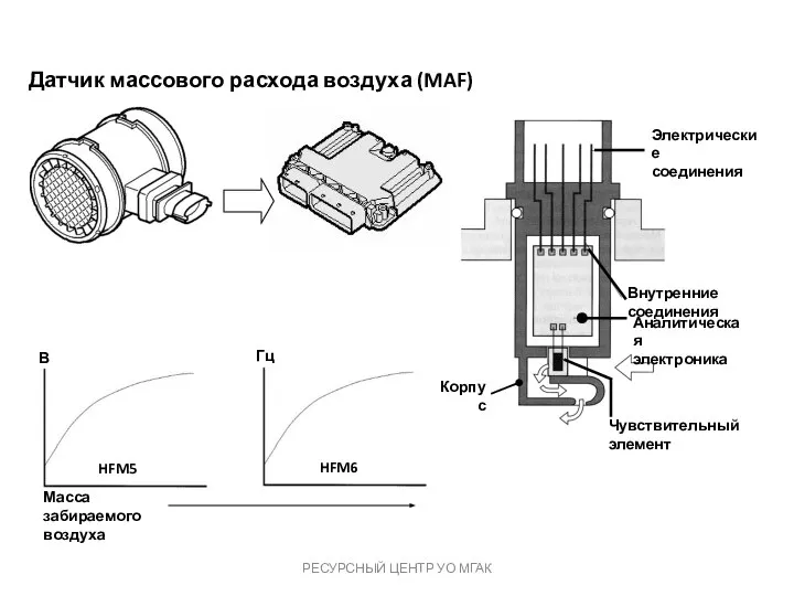 РЕСУРСНЫЙ ЦЕНТР УО МГАК Масса забираемого воздуха В Гц HFM5 HFM6 Датчик массового расхода воздуха (MAF)