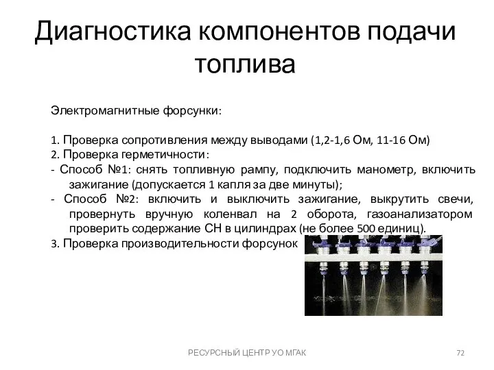 Диагностика компонентов подачи топлива РЕСУРСНЫЙ ЦЕНТР УО МГАК Электромагнитные форсунки: 1. Проверка