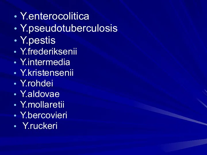 Y.enterocolitica Y.pseudotuberculosis Y.pestis Y.frederiksenii Y.intermedia Y.kristensenii Y.rohdei Y.aldovae Y.mollaretii Y.bercovieri Y.ruckeri