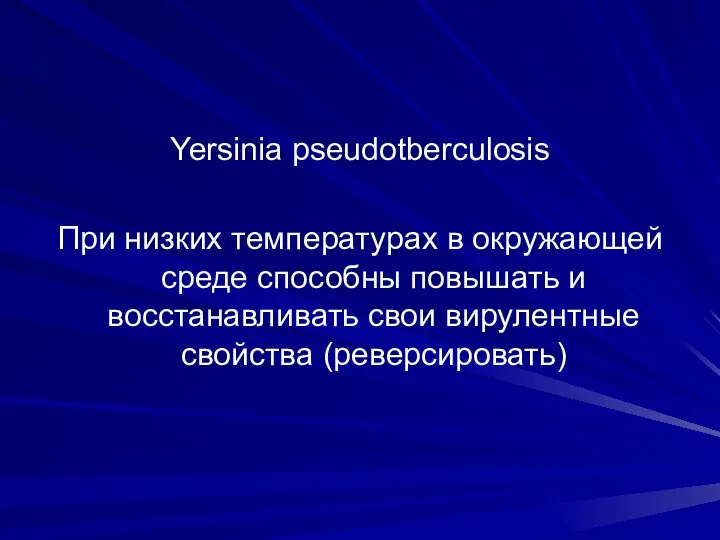 Yersinia pseudotberculosis При низких температурах в окружающей среде способны повышать и восстанавливать свои вирулентные свойства (реверсировать)