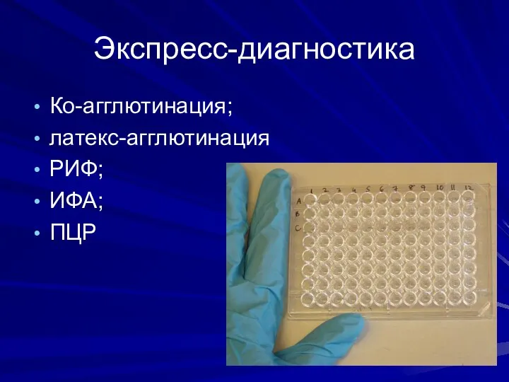 Экспресс-диагностика Ко-агглютинация; латекс-агглютинация РИФ; ИФА; ПЦР