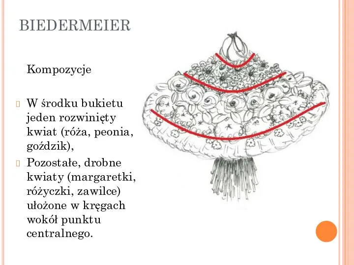 BIEDERMEIER Kompozycje W środku bukietu jeden rozwinięty kwiat (róża, peonia, goździk), Pozostałe,