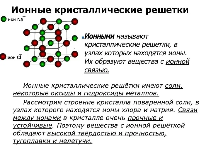 Ионные кристаллические решетки Ионные кристаллические решётки имеют соли, некоторые оксиды и гидроксиды