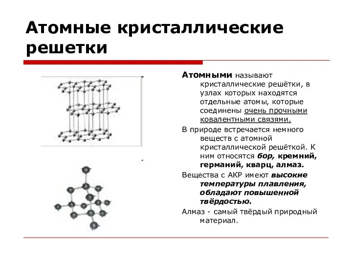 Атомные кристаллические решетки Атомными называют кристаллические решётки, в узлах которых находятся отдельные