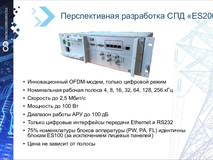 Перспективная разработка СПД «ES200» Инновационный OFDM-модем, только цифровой режим Номинальная рабочая полоса