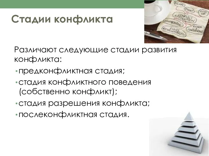 Стадии конфликта Различают следующие стадии развития конфликта: предконфликтная стадия; стадия конфликтного поведения