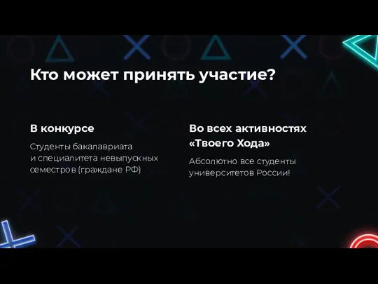 Кто может принять участие? В конкурсе Во всех активностях «Твоего Хода» Студенты