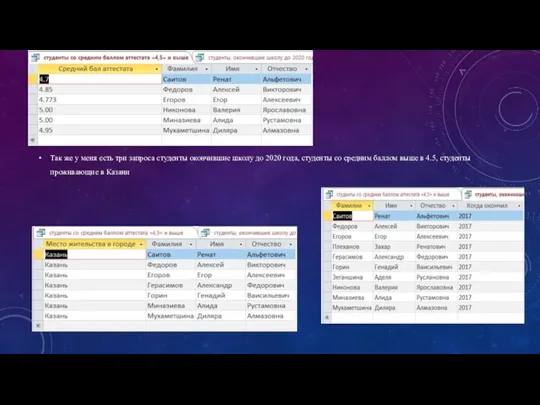 Так же у меня есть три запроса студенты окончившие школу до 2020