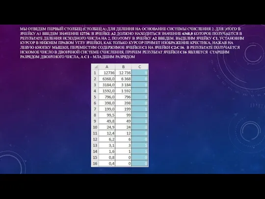 МЫ ОТВЕДЕМ ПЕРВЫЙ СТОЛБЕЦ (СТОЛБЕЦ А) ДЛЯ ДЕЛЕНИЯ НА ОСНОВАНИЕ СИСТЕМЫ СЧИСЛЕНИЯ
