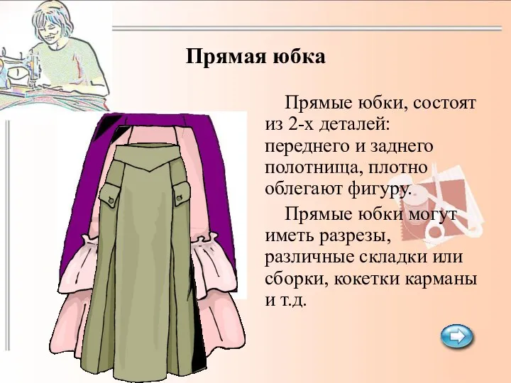 Прямая юбка Прямые юбки, состоят из 2-х деталей: переднего и заднего полотнища,