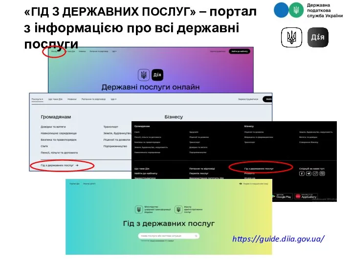 «ГІД З ДЕРЖАВНИХ ПОСЛУГ» – портал з інформацією про всі державні послуги https://guide.diia.gov.ua/