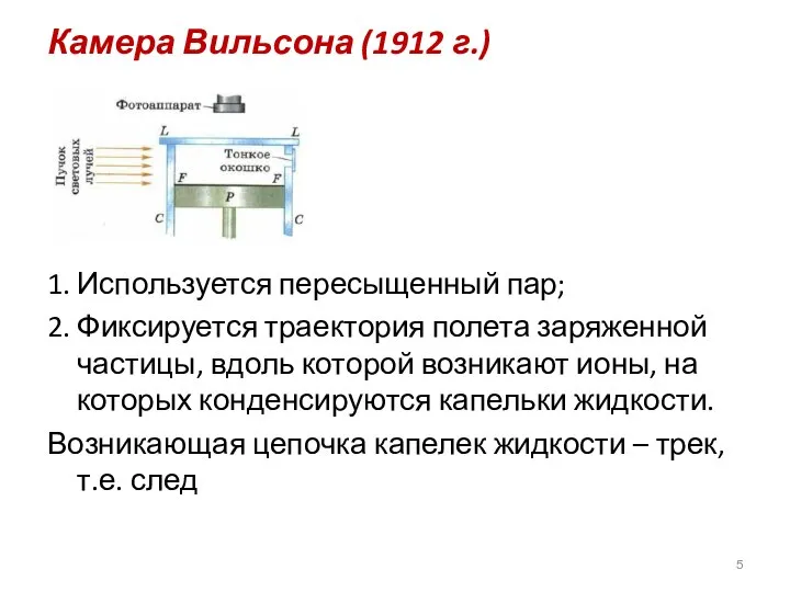 Камера Вильсона (1912 г.) 1. Используется пересыщенный пар; 2. Фиксируется траектория полета