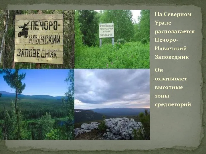 На Северном Урале располагается Печоро-Ильичский Заповедник Он охватывает высотные зоны среднегорий
