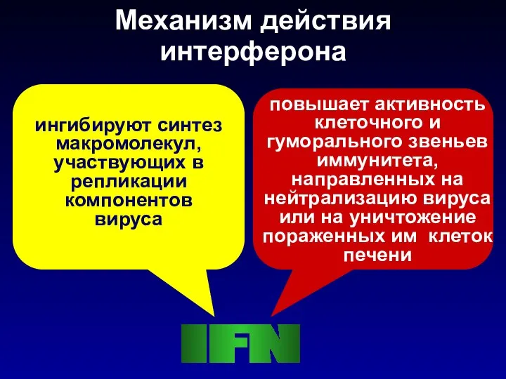 Механизм действия интерферона ингибируют синтез макромолекул, участвующих в репликации компонентов вируса повышает