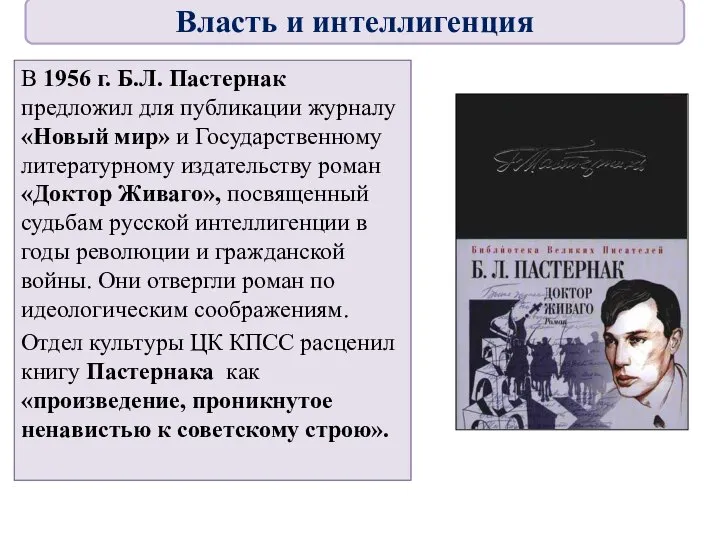 В 1956 г. Б.Л. Пастернак предложил для публикации журналу «Новый мир» и