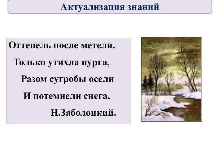 Оттепель после метели. Только утихла пурга, Разом сугробы осели И потемнели снега. Н.Заболоцкий. Актуализация знаний