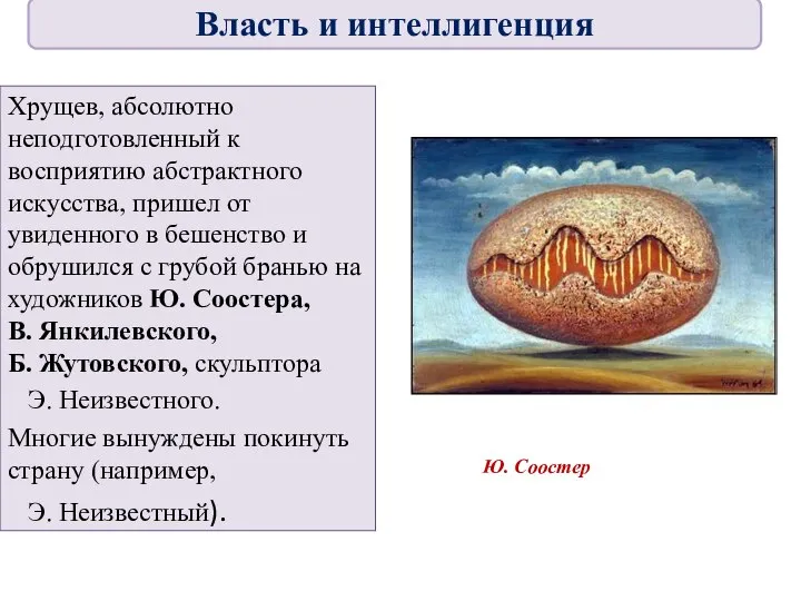 Хрущев, абсолютно неподготовленный к восприятию абстрактного искусства, пришел от увиденного в бешенство