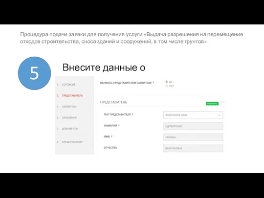 Внесите данные о представителе 5 Процедура подачи заявки для получения услуги «Выдача