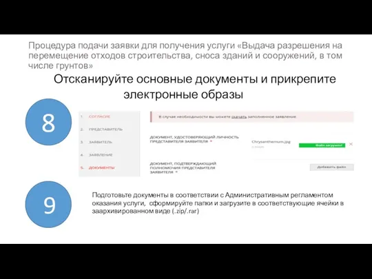 электронные образы 8 Процедура подачи заявки для получения услуги «Выдача разрешения на