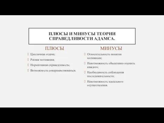 ПЛЮСЫ Цикличная отдача; Разная мотивация; Нормативная справедливость; Возможность совершенствоваться. Относительность понятия мотивации;