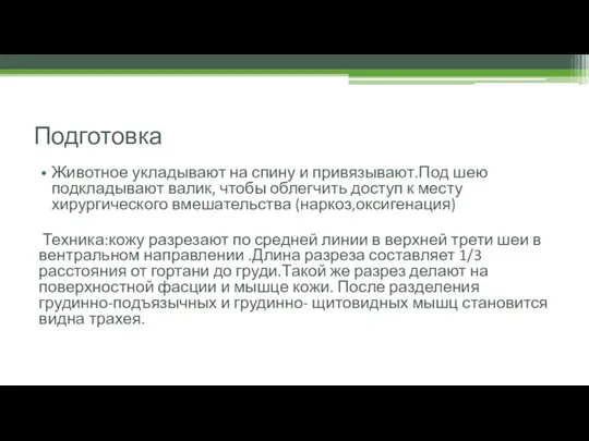 Подготовка Животное укладывают на спину и привязывают.Под шею подкладывают валик, чтобы облегчить