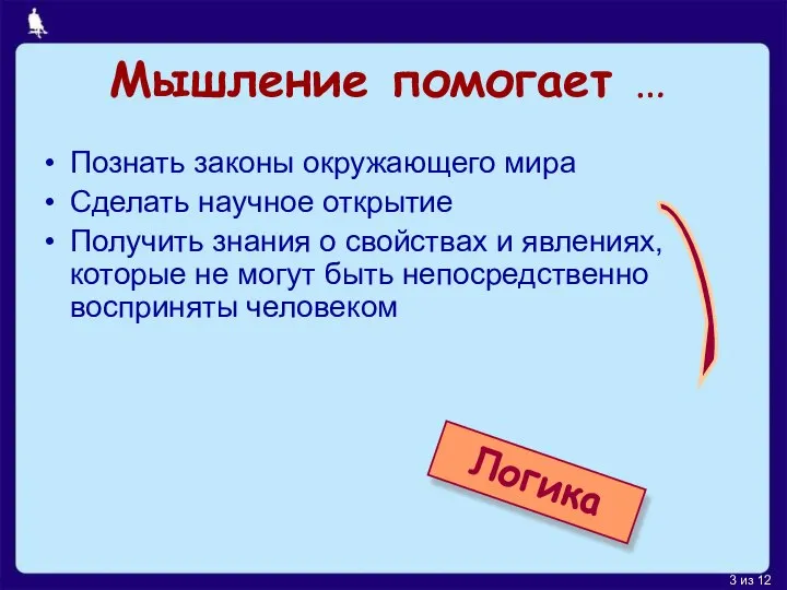 Мышление помогает … Познать законы окружающего мира Сделать научное открытие Получить знания