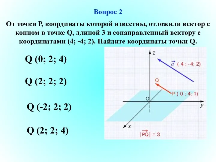 Вопрос 2 От точки Р, координаты которой известны, отложили вектор с концом