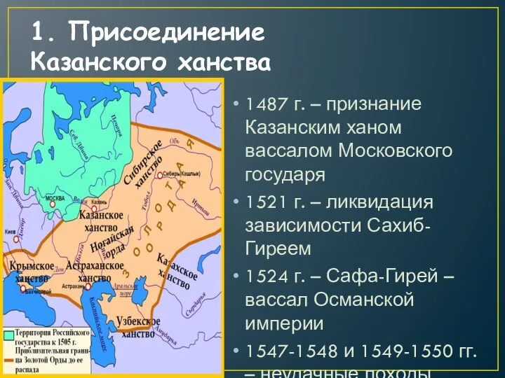 1. Присоединение Казанского ханства 1487 г. – признание Казанским ханом вассалом Московского