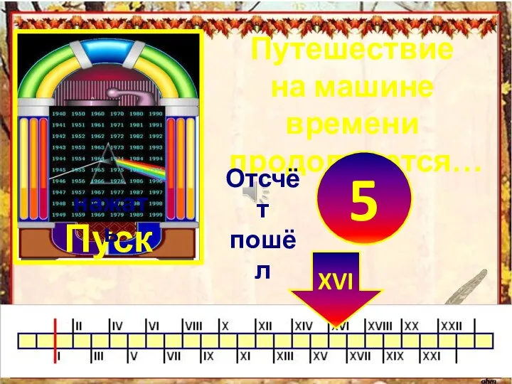 Путешествие на машине времени продолжается… Пуск нажать 0 XVI 1 2 3 4 5 Отсчёт пошёл