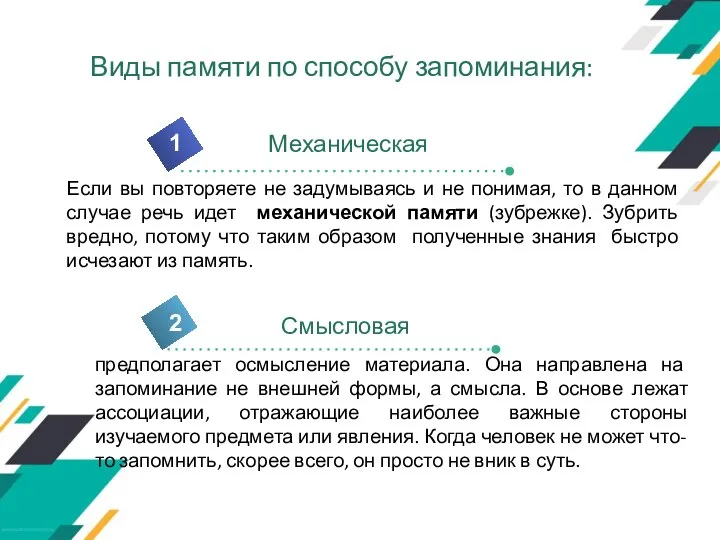 2 Механическая 1 предполагает осмысление материала. Она направлена на запоминание не внешней