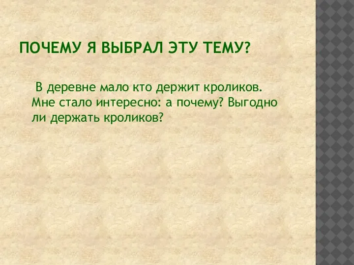 ПОЧЕМУ Я ВЫБРАЛ ЭТУ ТЕМУ? В деревне мало кто держит кроликов. Мне