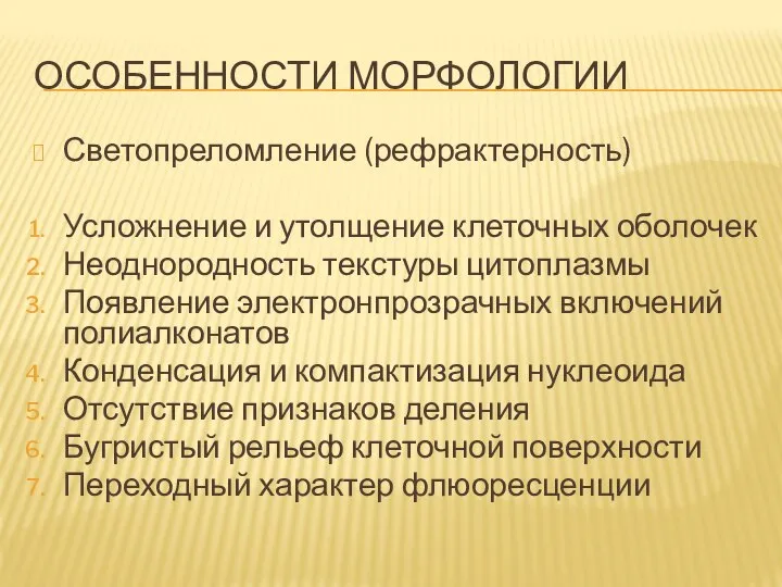 ОСОБЕННОСТИ МОРФОЛОГИИ Светопреломление (рефрактерность) Усложнение и утолщение клеточных оболочек Неоднородность текстуры цитоплазмы