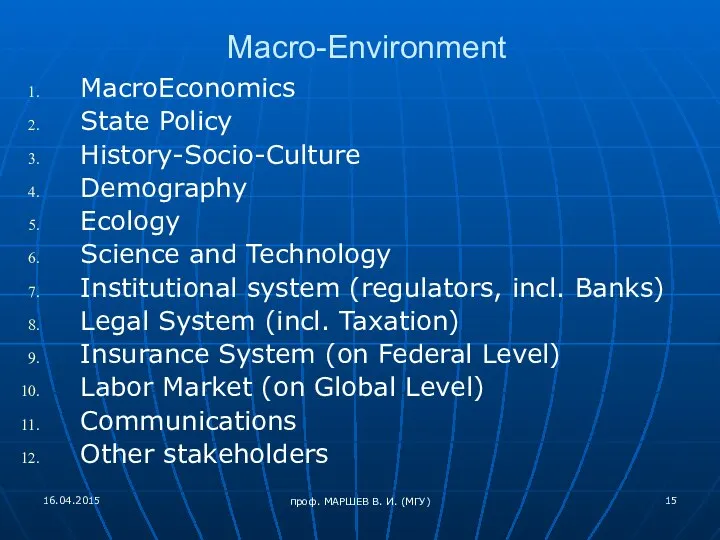 Macro-Environment MacroEconomics State Policy History-Socio-Culture Demography Ecology Science and Technology Institutional system