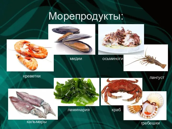Морепродукты: креветки мидии осьминоги лангуст кальмары ламинария краб гребешки