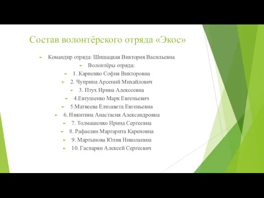 Состав волонтёрского отряда «Экос» Командир отряда: Шишацкая Виктория Васильевна Волонтёры отряда: 1.