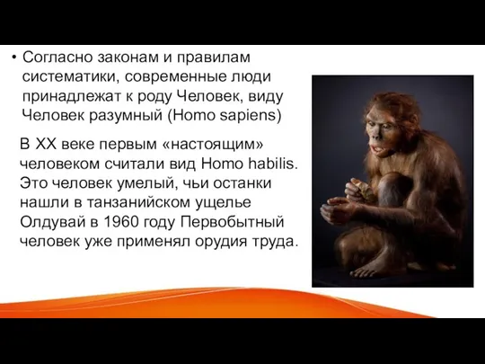 Согласно законам и правилам систематики, современные люди принадлежат к роду Человек, виду