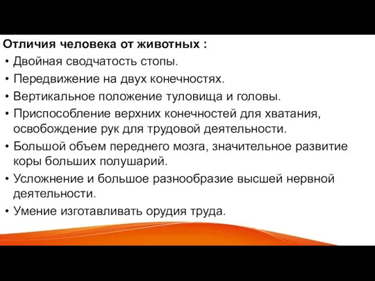 Отличия человека от животных : Двойная сводчатость стопы. Передвижение на двух конечностях.