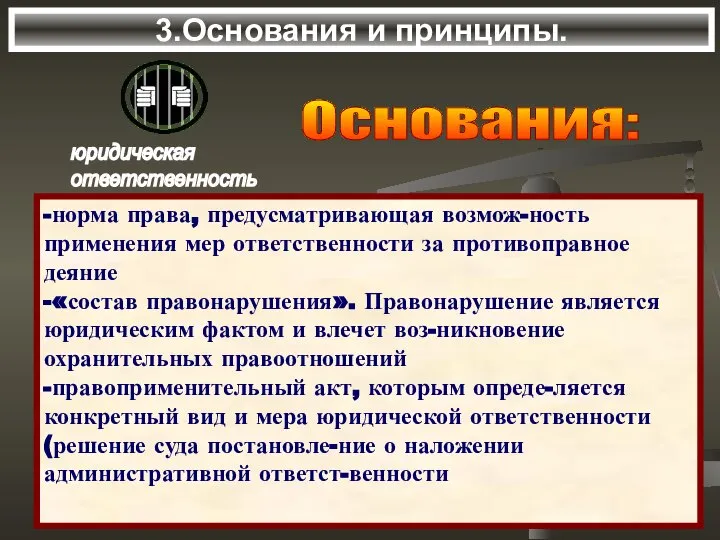 3.Основания и принципы. -норма права, предусматривающая возмож-ность применения мер ответственности за противоправное