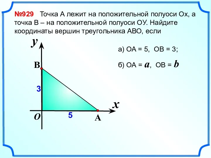 №929 Точка А лежит на положительной полуоси Ох, а точка В –